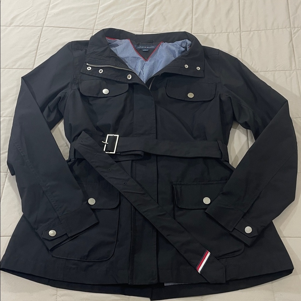 Tommy Hilfiger Size Large Black Belted Utility Jacket Silver Hardware